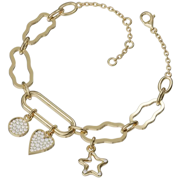 At the heart of the charm bracelet lies a stunning sea star charm, meticulously designed to capture the intricate details of this marine wonder. The charm is embellished with shimmering diamonds, adding a touch of sparkle that catches the light beautifully and enhances the charm's natural elegance. Each diamond is carefully set to ensure durability while radiating brilliance, making this bracelet a true statement piece