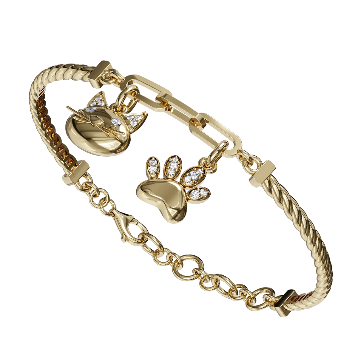 Introducing our exquisite Paw Motif Bracelet adorned with shimmering diamonds. This elegant piece effortlessly blends style and sentiment, making it a perfect accessory for animal lovers. Crafted with precision, the bracelet features a delicate design that showcases a charming paw print motif, symbolizing the unbreakable bond between humans and their furry friends.