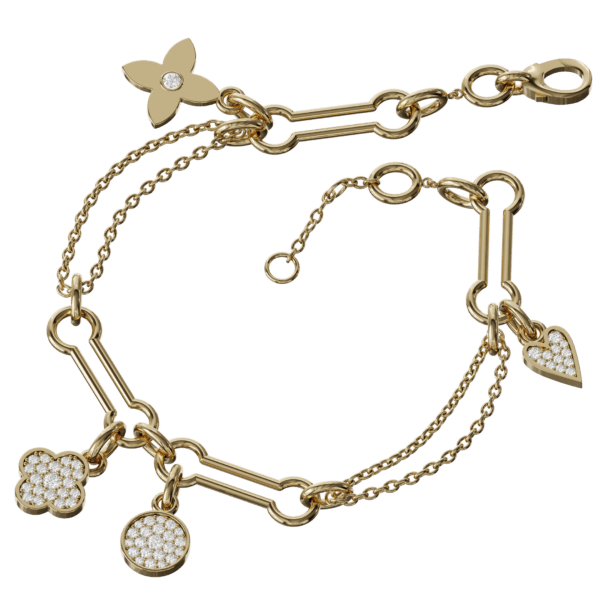Elevate your accessory game with our exquisite Flower Charm Bracelet featuring a dazzling diamond accent. This stunning piece showcases a delicate chain adorned with intricately crafted flower charms, each symbolizing beauty and growth. The soft curves and floral designs exude femininity, while the sparkling diamond adds a touch of elegance and sophistication.