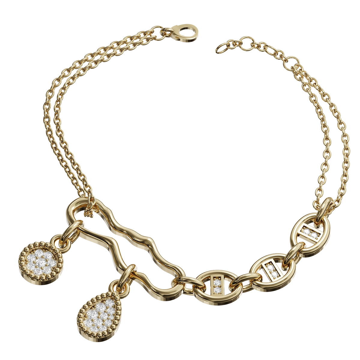 The perfect blend of bold elegance and contemporary style, meet our Trendy Gold Large Chain Bracelet studded with dazzling diamonds. This statement piece features oversized gold links that exude luxury and confidence, making it a must-have accessory for every fashion-forward individual. This bracelet is designed to elevate your style. Embrace your individuality and make a striking impression with this elegant piece of jewelery that beautifully balances modern trends with timeless sophistication.