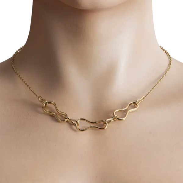 Introducing our Cleverly Designed Necklace, a stunning fusion of artistry and contemporary elegance. This unique piece features an intricate arrangement of geometric shapes, expertly crafted to create a striking visual effect that catches the eye. Each element is thoughtfully placed, reflecting a perfect balance between boldness and sophistication.