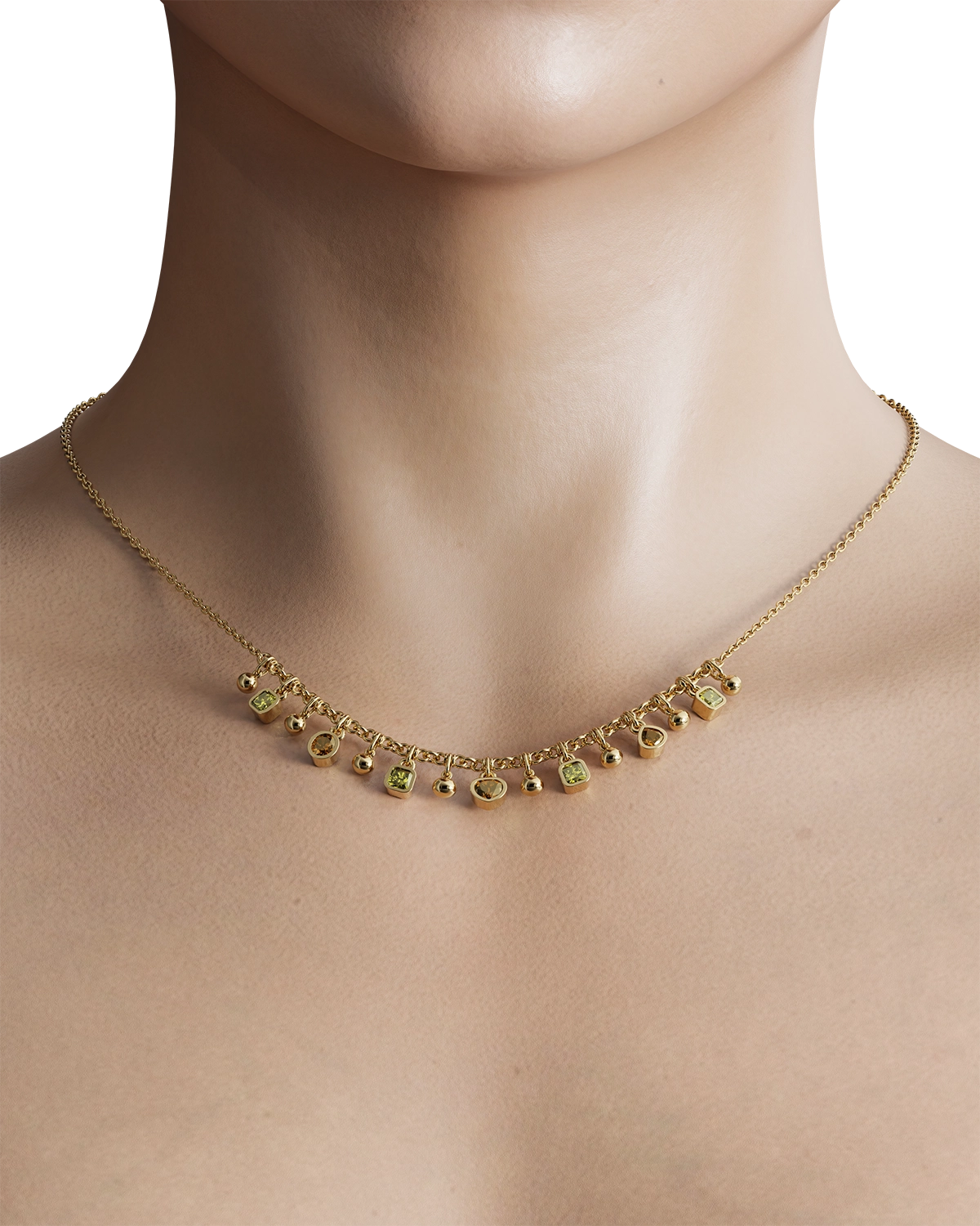 Adorning the chain are a series of intricately designed charms, each meticulously crafted to capture light and attention. The charms, embellished with brilliant-cut diamonds, add a touch of sparkle and sophistication, making this necklace a versatile accessory for both everyday wear and special occasions.