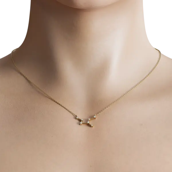 The necklace features an intricately designed pendant depicting the graceful Virgo constellation, elegantly framed by a delicate circle symbolizing integrity and harmony. It exudes timeless beauty and sophistication. The pendant is adorned with shimmering gemstones reflecting earthy tones to reflect the down-to-earth spirit of Virgo