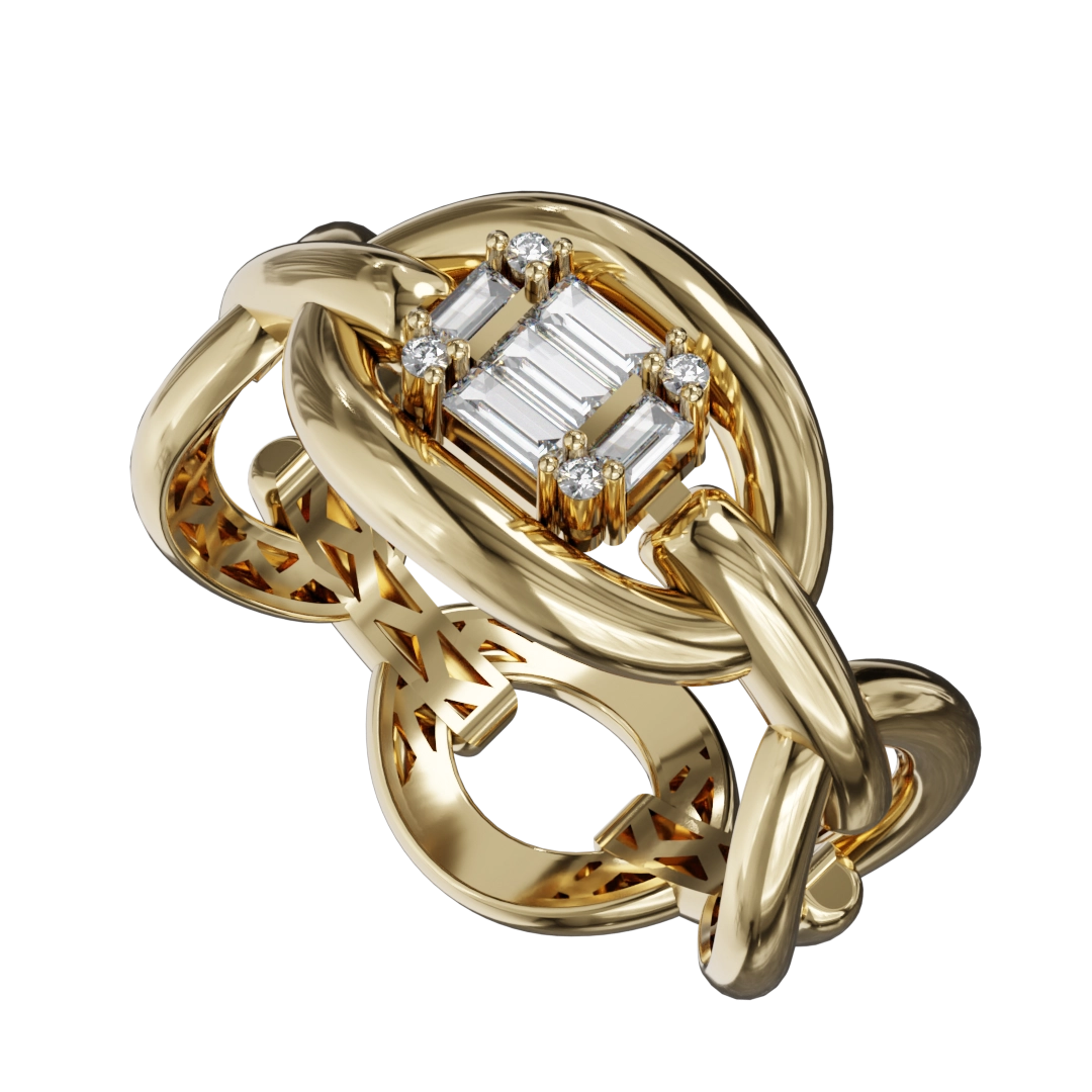 Embrace a fusion of modern artistry and classic elegance with our stunning chain ring adorned with shimmering diamonds. This exquisite piece features an intricate chain design that intertwines seamlessly, creating a dynamic visual appeal. Each link is delicately set with sparkling diamonds, adding a touch of glamour and sophistication. The ring's open silhouette ensures a comfortable fit while making a bold statement on your hand. Perfect for any occasion, this ring can stand alone as a statement piece or be stacked with others for a trendy layered look. Illuminate your collection with this unique diamond chain ring, a true reflection of contemporary luxury and style.