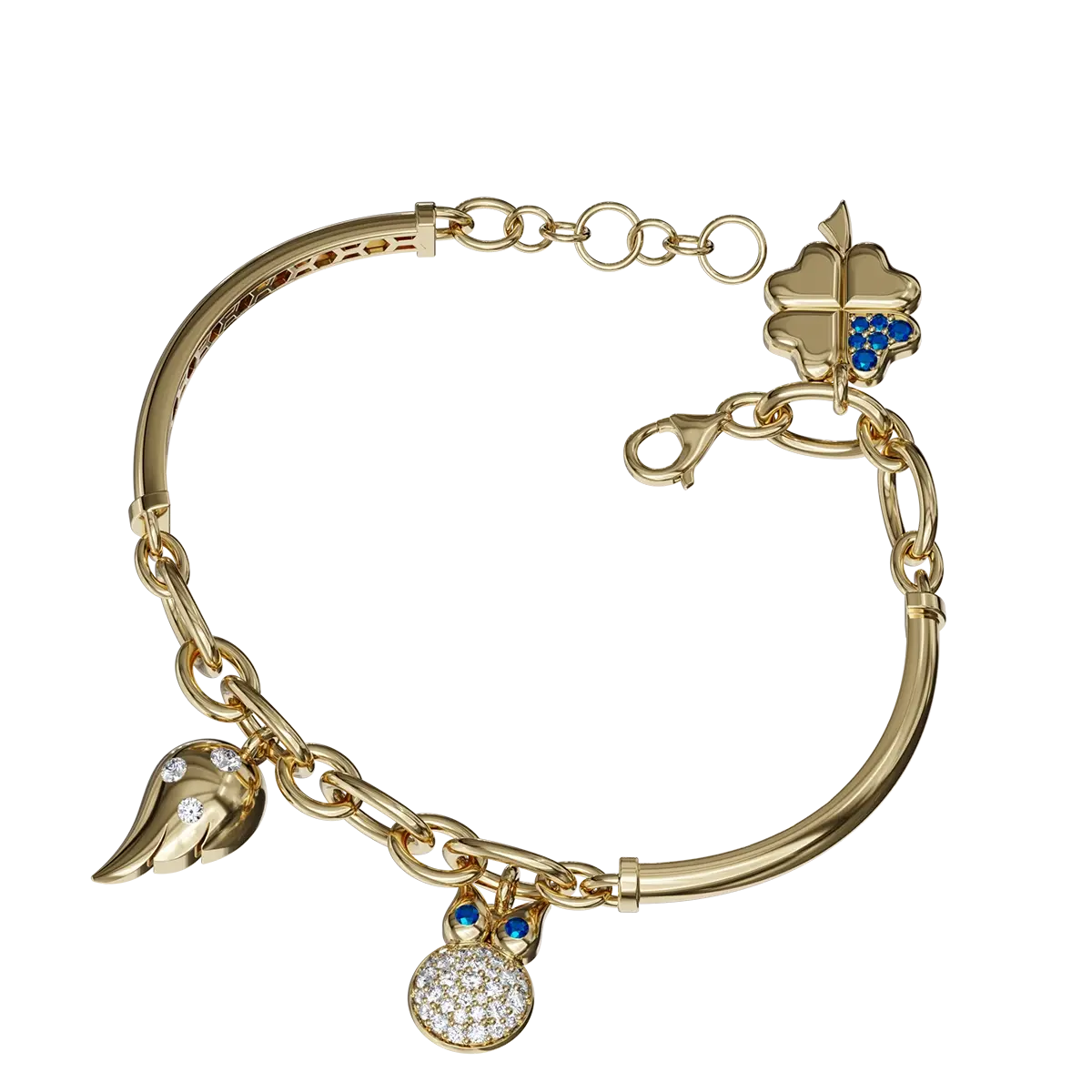 Each charm tells a unique story and brings a touch of nature and magic to your wrist. The clover, a symbol of good luck and prosperity, adds a cheerful atmosphere, while the wise owl represents wisdom and insight, perfectly completing your life journey. Exquisitely designed wings represent freedom and the pursuit of your dreams, reminding you to always overcome challenges.