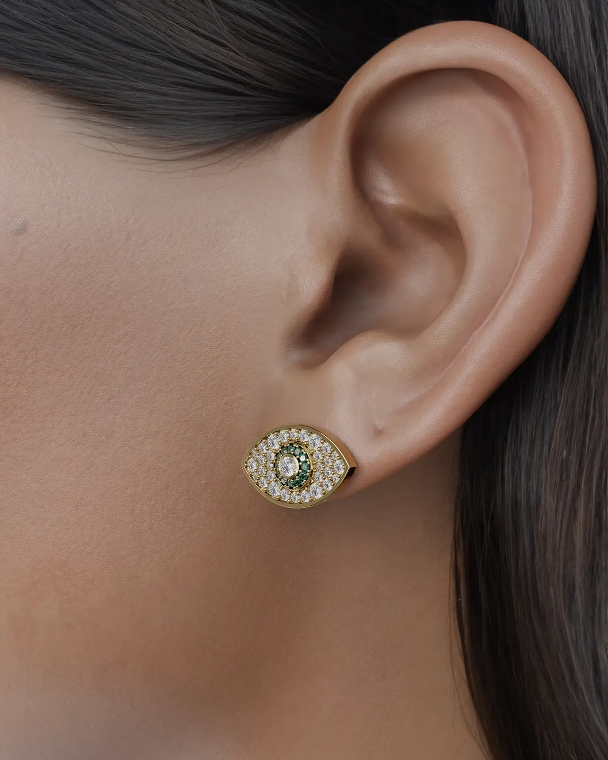 Meet our stunning Eye Shaped Evil Eye Earrings, meticulously crafted to blend contemporary elegance with a touch of ancient symbolism. Each earring features a striking eye motif, known for its protective properties against negative energy. A dazzling array of colored diamonds shine at the heart of the eye design, adding a vibrant hue and an air of luxury. Embrace your style with a charming touch and let the protective charm of the evil eye accompany you wherever you go.
