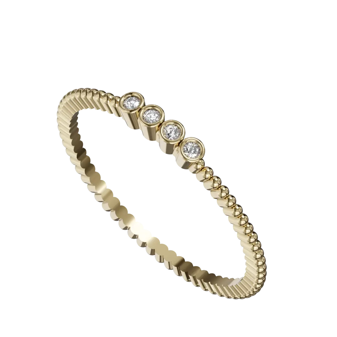 The ring features a playful yet sophisticated design, characterized by a series of spherical "bubbles" that dance around the band, reflecting light beautifully and creating a captivating shimmer.