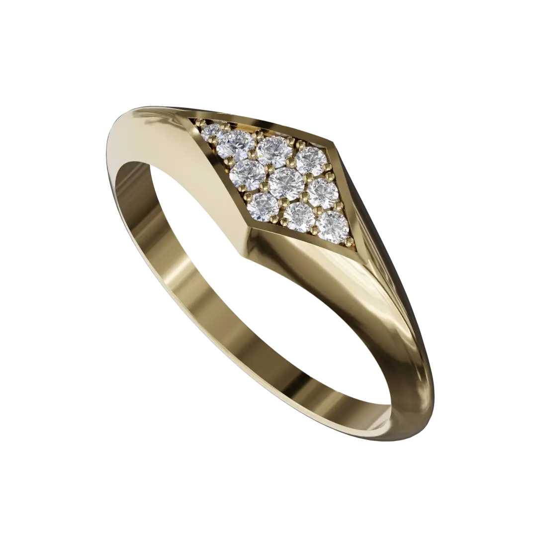 The bold quadrilateral shape creates a captivating focal point that is both eye-catching and sophisticated. Delicately set within the framework are shimmering diamonds that add a touch of brilliance and sparkle. These ethically sourced diamonds are hand-selected for their exceptional clarity and quality, enhancing the overall allure of the ring.