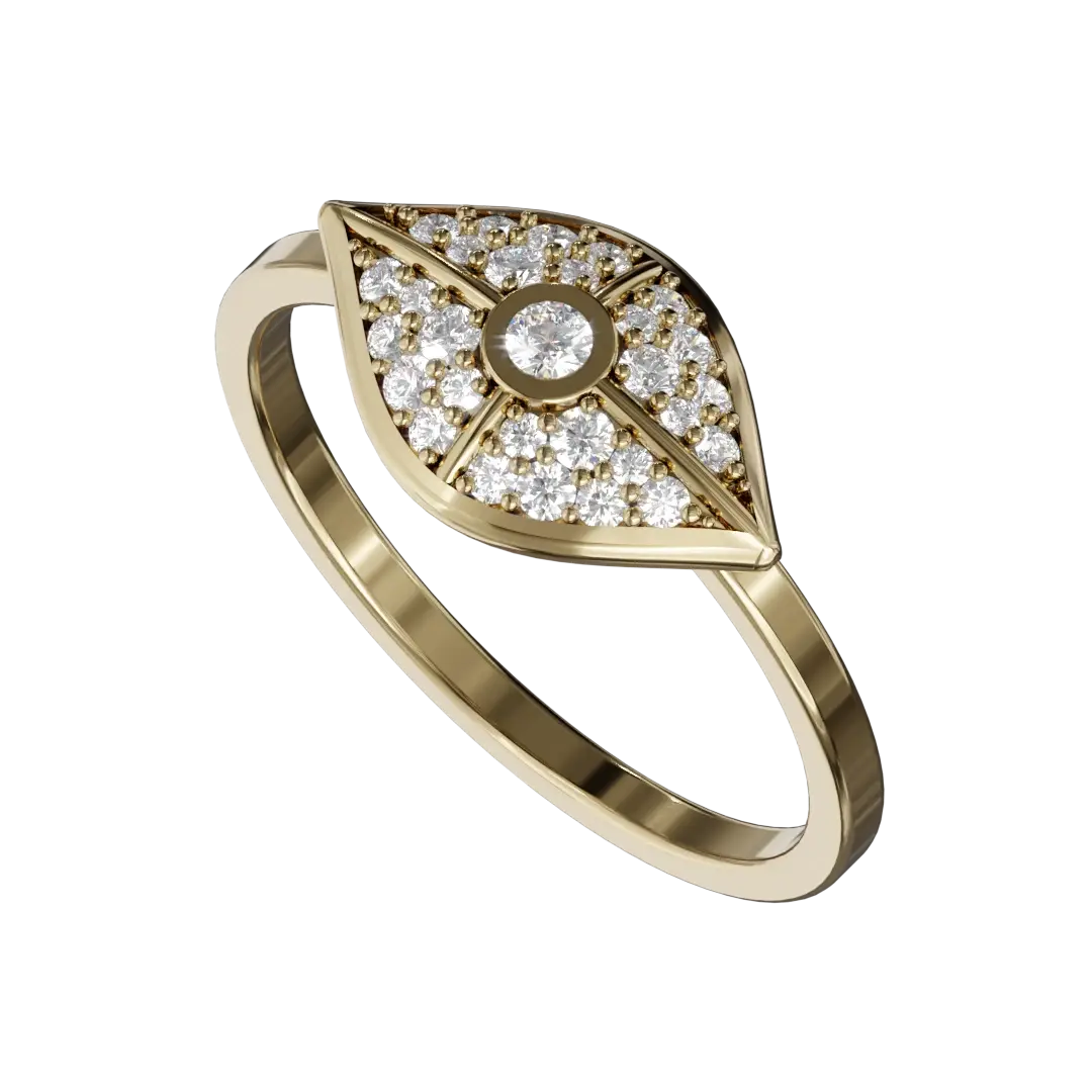 The centerpiece features a stunning evil eye design adorned with shimmering gemstones that catch the light from every angle. It contains the essence of ancient talismans believed to bring good luck. It adds to its nostalgic appeal and highlights the ring's storied history.