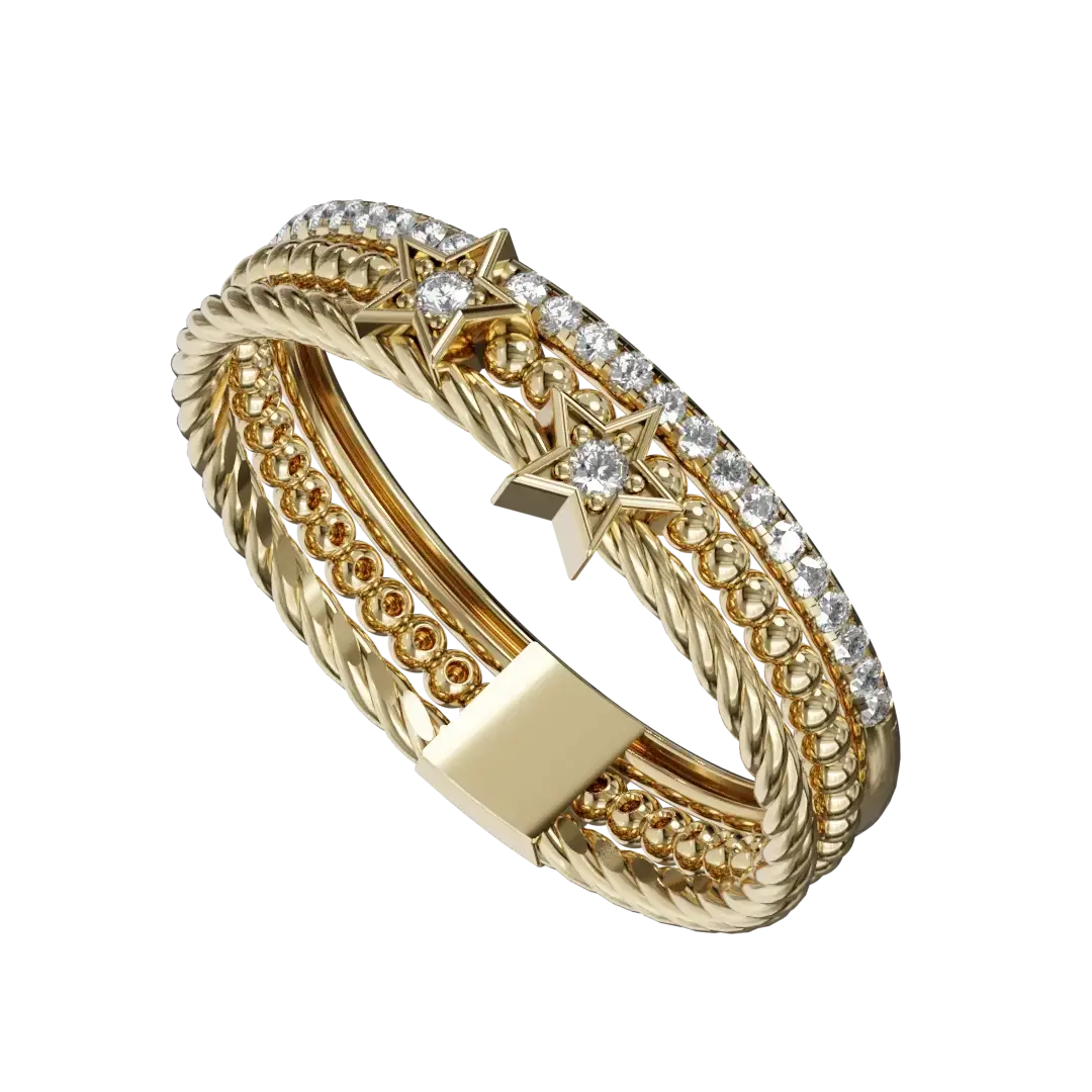 The shimmering gold band gracefully embraces the hand, its lightweight design ensuring comfort without compromising on style. Perfect for the modern bride who appreciates subtlety, this engagement band strikes a balance between elegance and playfulness. Whether worn alone or paired with other cherished pieces, the Dainty Gold Star Motif Engagement Band serves as a timeless reminder of your love, shining brightly like the stars above. Ideal for those looking to mark their special moment with a touch of magic and individuality.