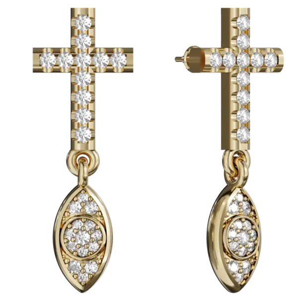 Elevate your spiritual expression with these exquisite gold religious earrings, intricately designed to showcase your faith with elegance. Crafted from premium-grade gold, these earrings boast a luminous finish that catches the light beautifully. Each piece is adorned with dazzling diamonds, meticulously set to enhance the stunning silhouette of the religious motif. The combination of shimmering diamonds and graceful design creates a captivating contrast that symbolizes grace and devotion.