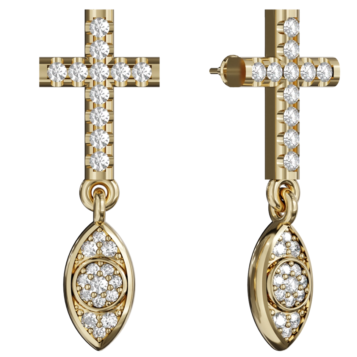 Elevate your spiritual expression with these exquisite gold religious earrings, intricately designed to showcase your faith with elegance. Crafted from premium-grade gold, these earrings boast a luminous finish that catches the light beautifully. Each piece is adorned with dazzling diamonds, meticulously set to enhance the stunning silhouette of the religious motif. The combination of shimmering diamonds and graceful design creates a captivating contrast that symbolizes grace and devotion.